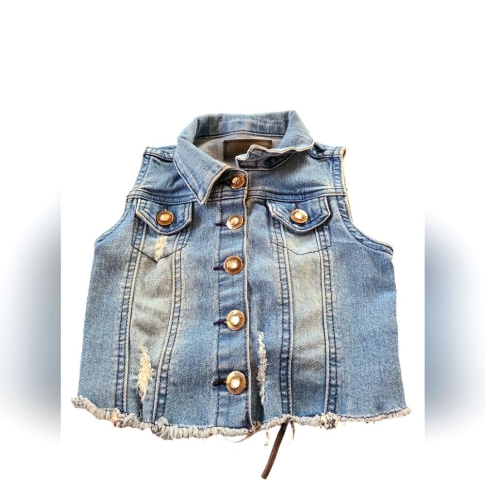 Kensie Distressed Denim Vest Rhinestone Buttons - Girl's Size 5 years GUC